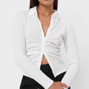 Stradivarius textured fitted scrunch button up
